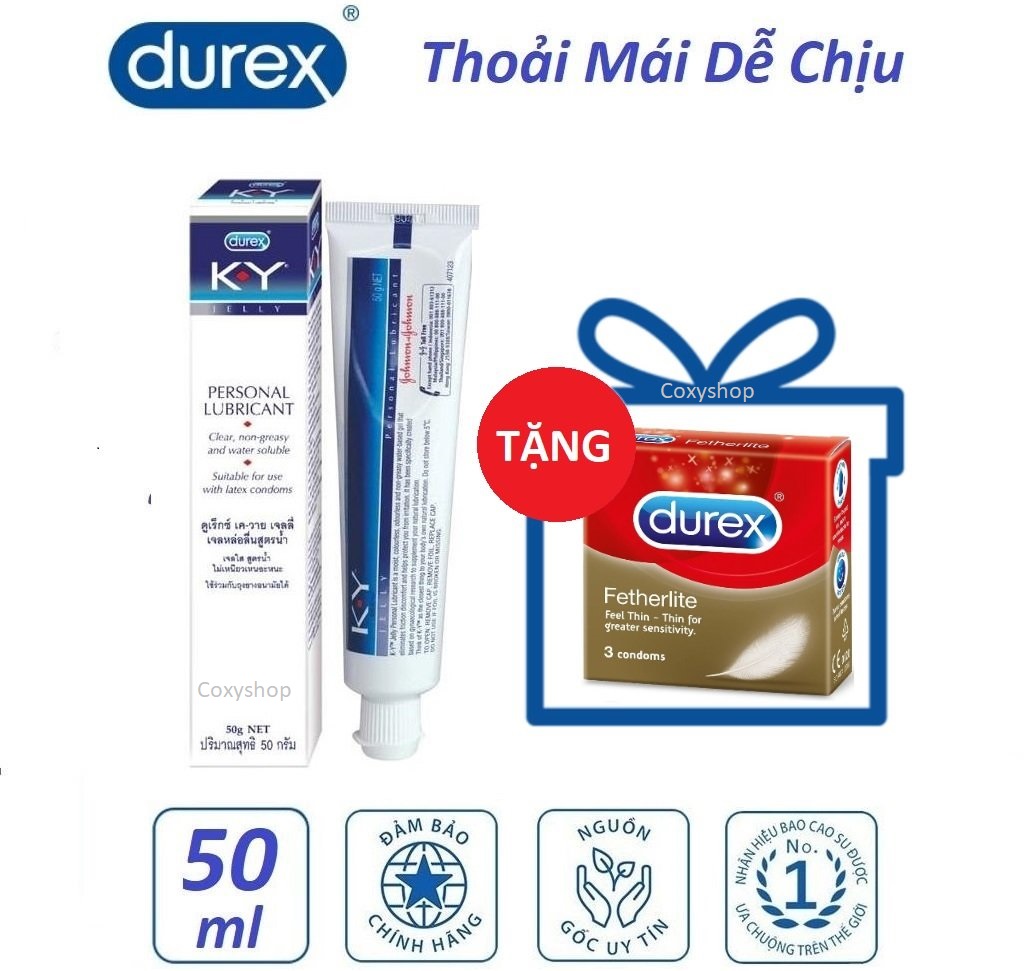 [HCM]Bộ 1 chai gel bôi trơn Durex K-Y 50g tặng 1 hộp bao cao su Durex Fetherlite 3c