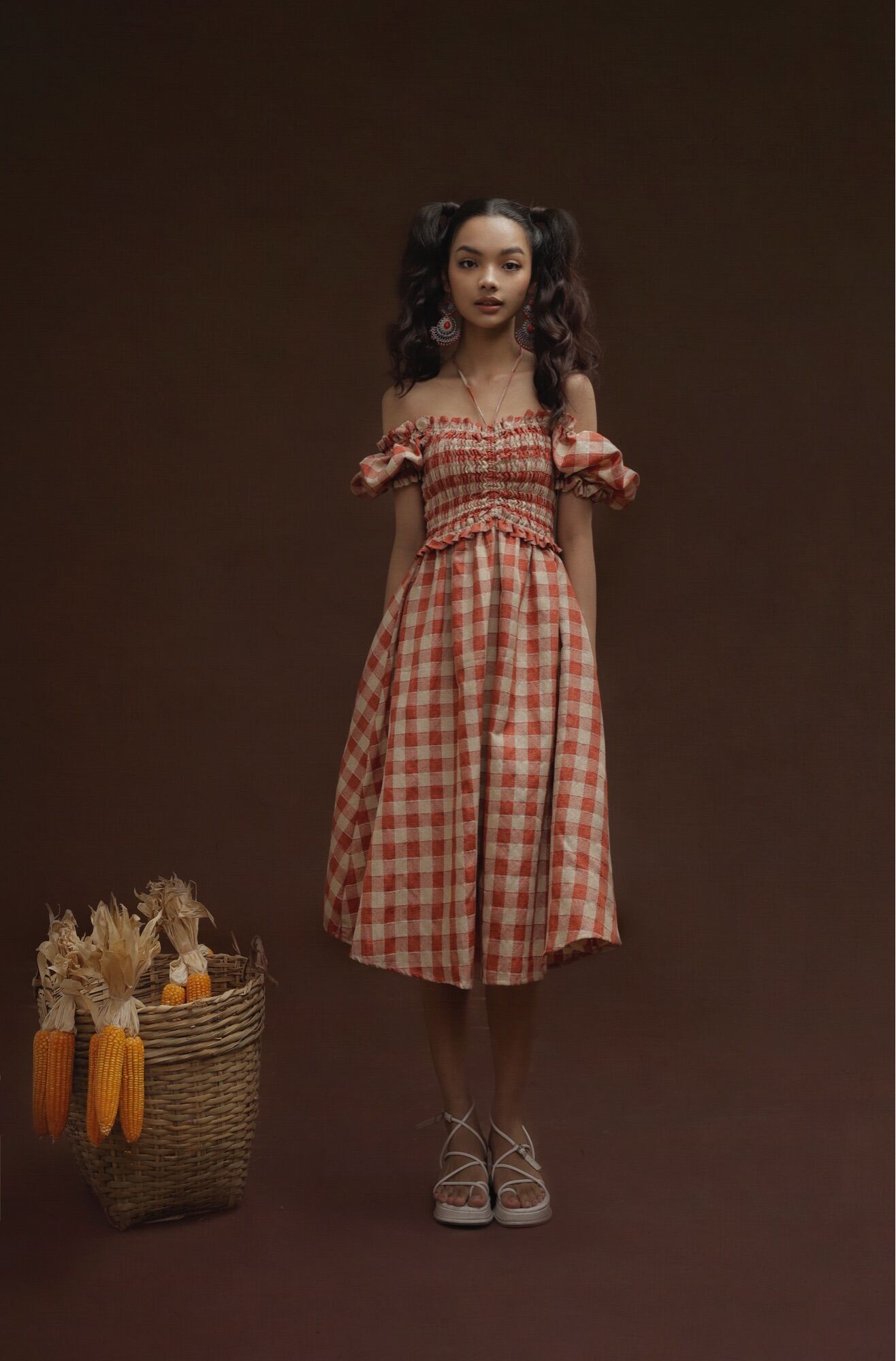 Đầm midi vintage trễ vai THE COUNTRY Duala Coral Dress sọc nâu đỏ