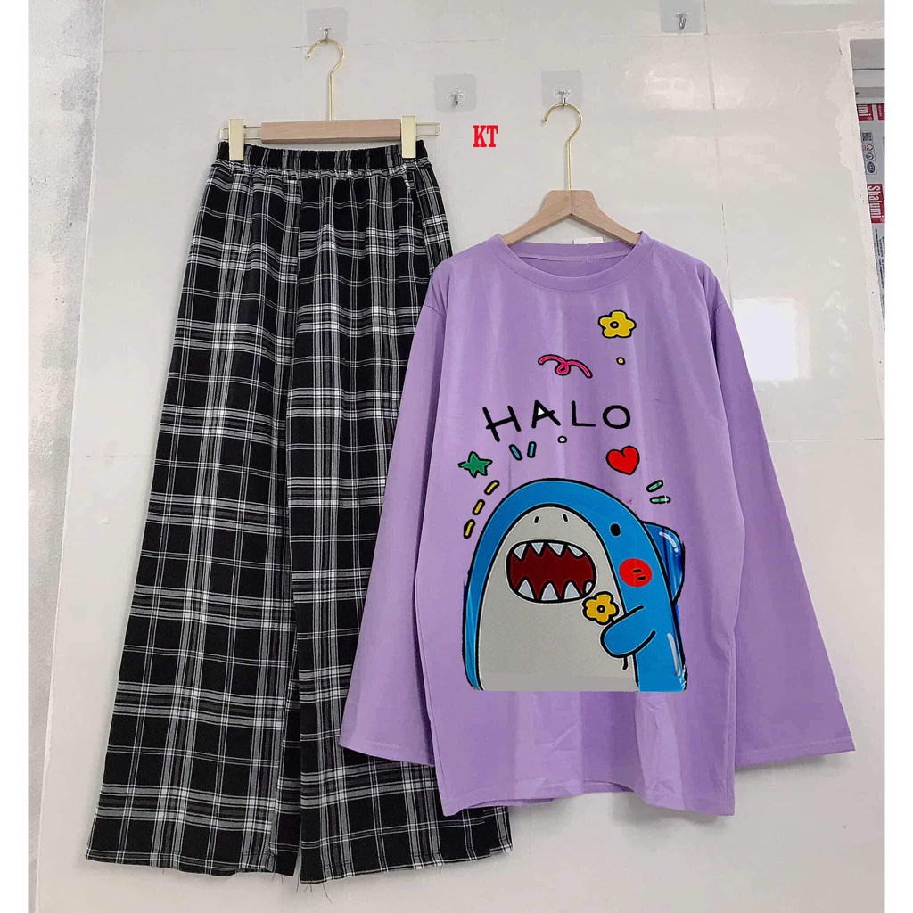 Sét áo thun cá Halo + quần kẻ KTH1120