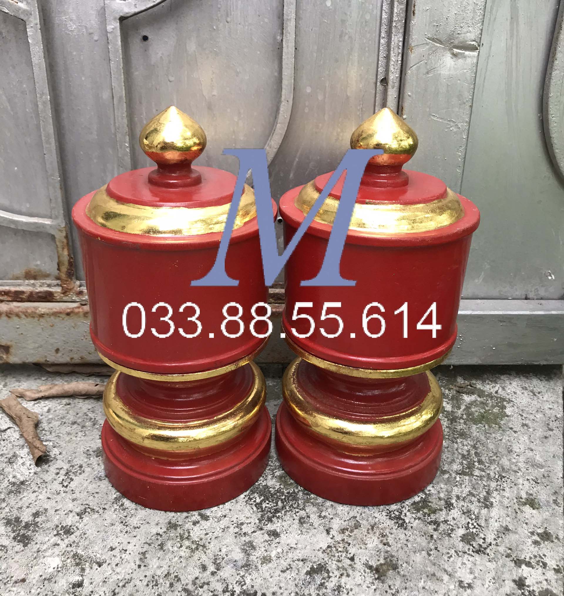Bộ 2 qủa đài nến kẻ chỉ giáp vàng gỗ mít