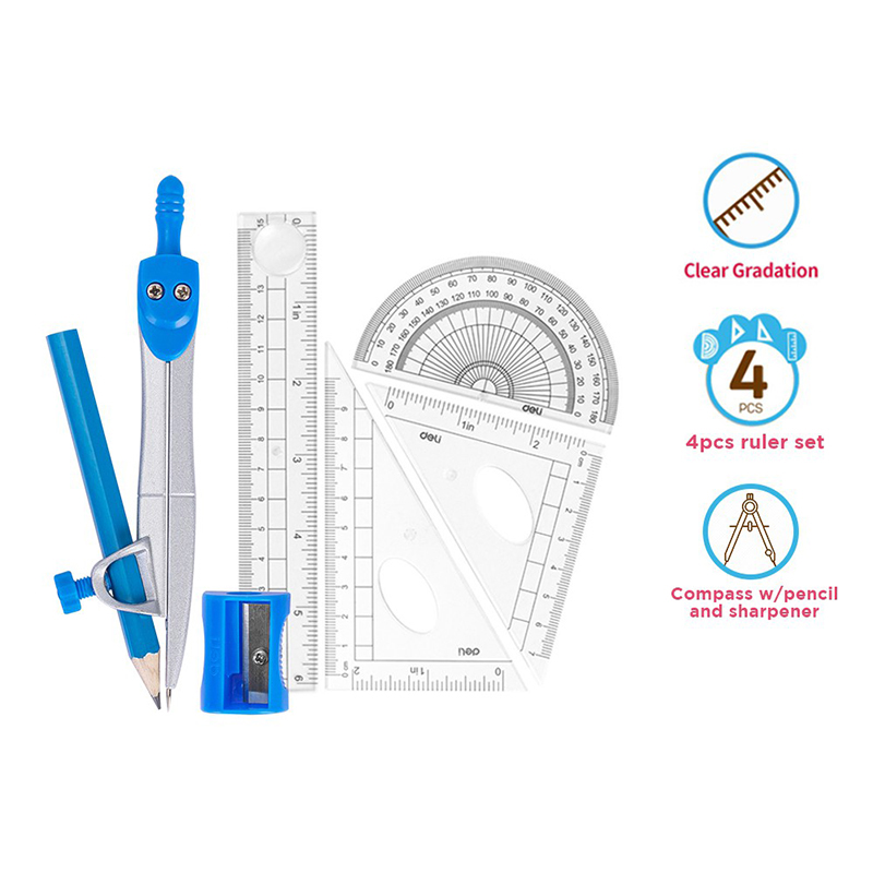 Bộ compa thước Deli 7 loại 15cm chì gỗ H600 (hộp nhựa) (Hồng/Xanh)