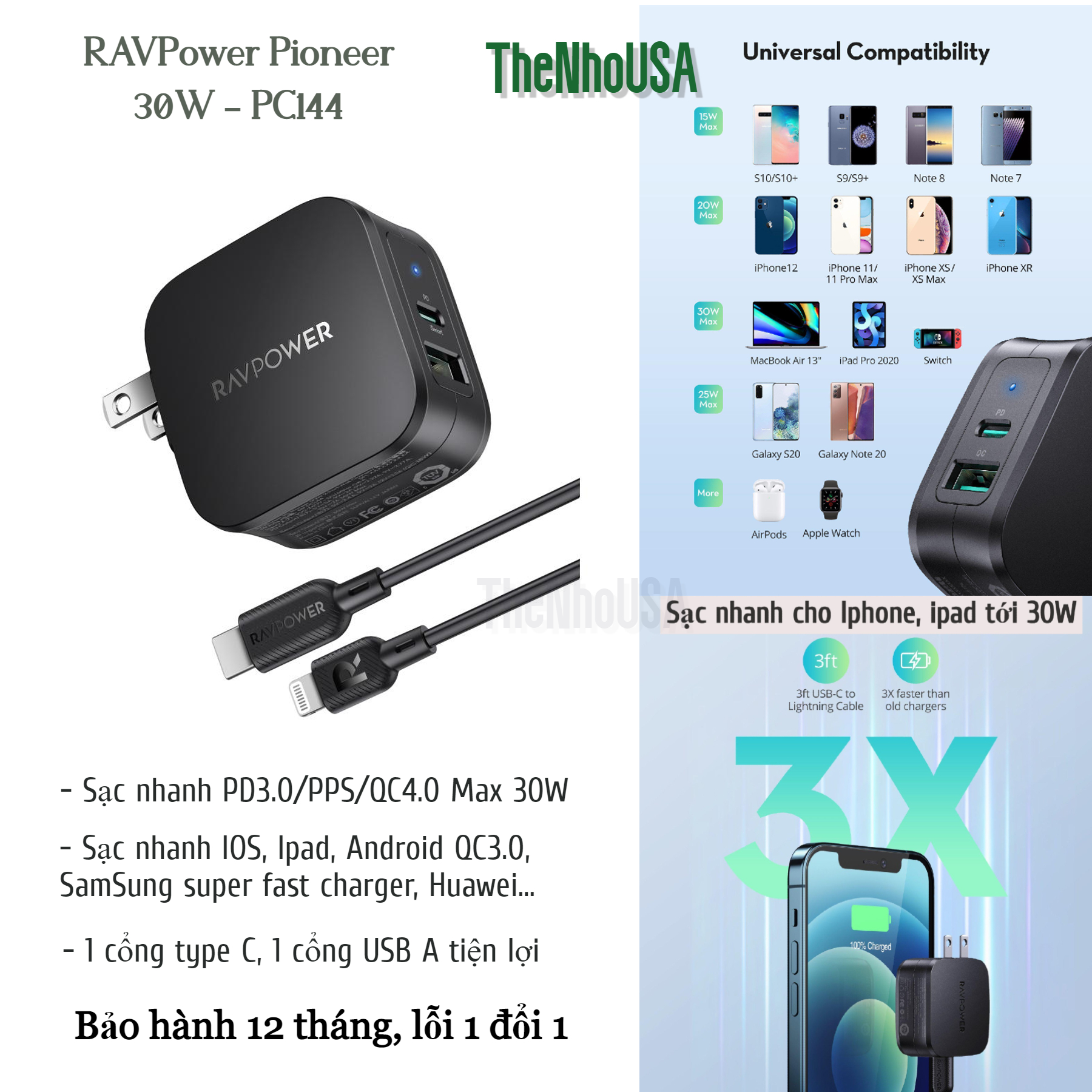 Củ sạc nhanh RAVPower 30w - 2 cổng [1 type C; 1 type A] RP - PC144 [BH 12T]