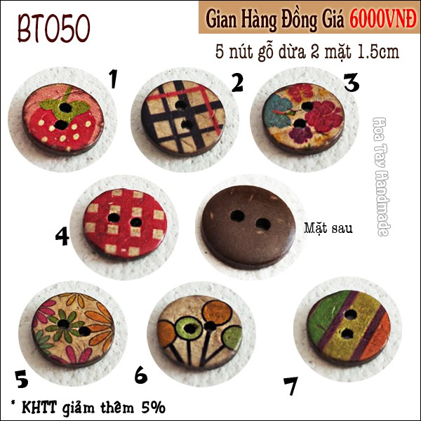 Nút gỗ dừa tuyển 2 mặt vintage 15mm bt050 - hoa tay handmade