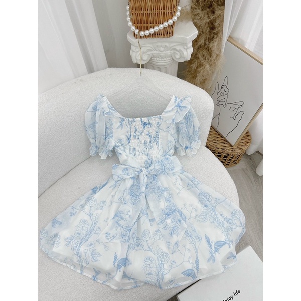 Đầm hoa xanh nhún chỉ - Chitchitstore