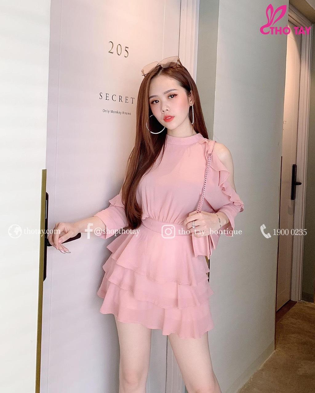 Đầm tầng hở vai lụa chéo-QH