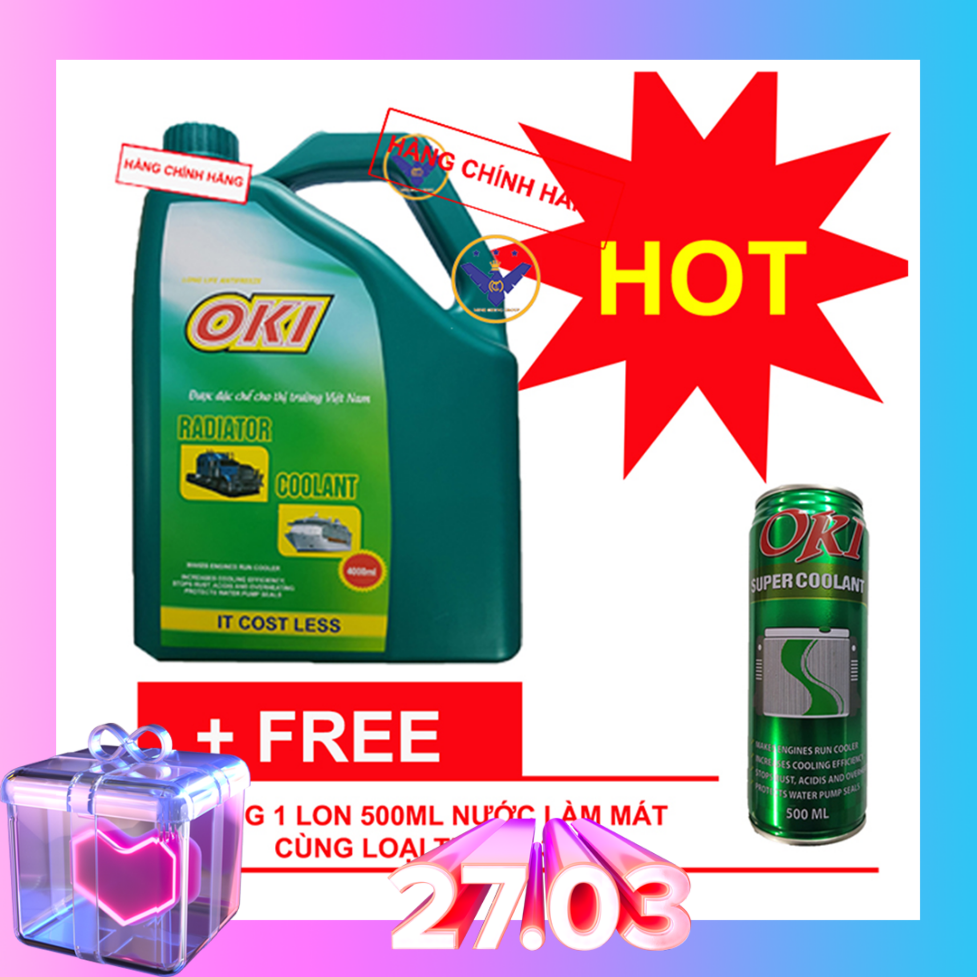 [Quà tặng] Nước làm mát động cơ ô tô (màu xanh) OKI Radiator Coolant can 4L tặng 500ml