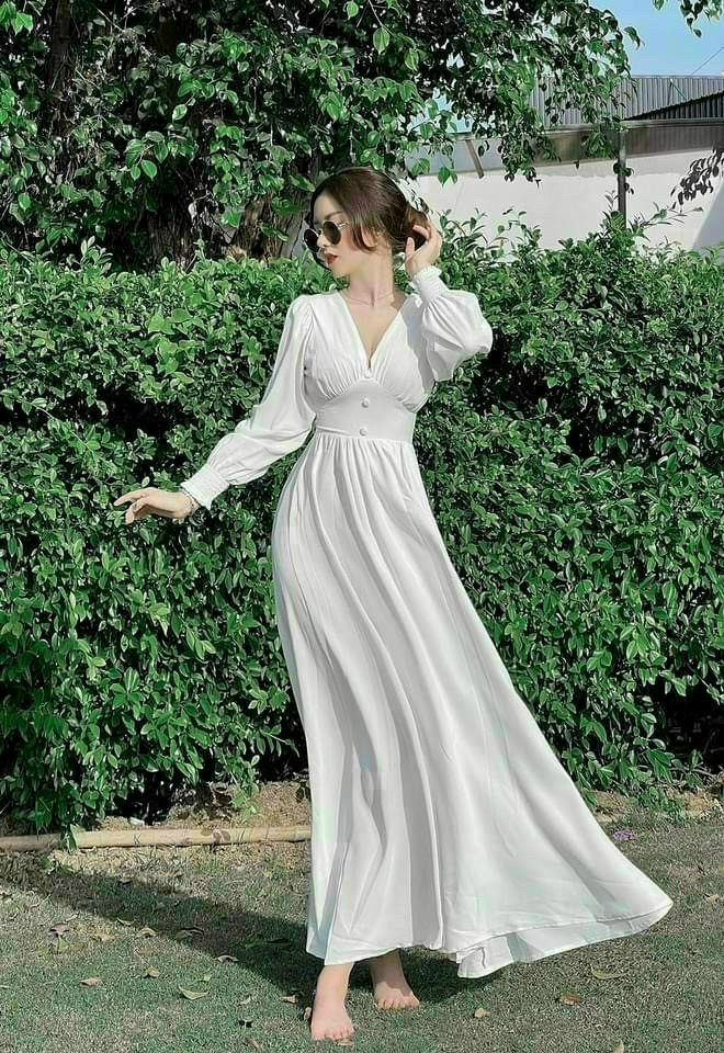Hot sale, đầm lụa cổ tim dáng dài tay phồng cực xinh và quyến rũ up