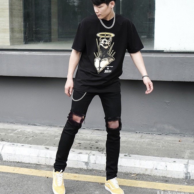 Quần jean nam skinny màu đen rách gối cao cấp