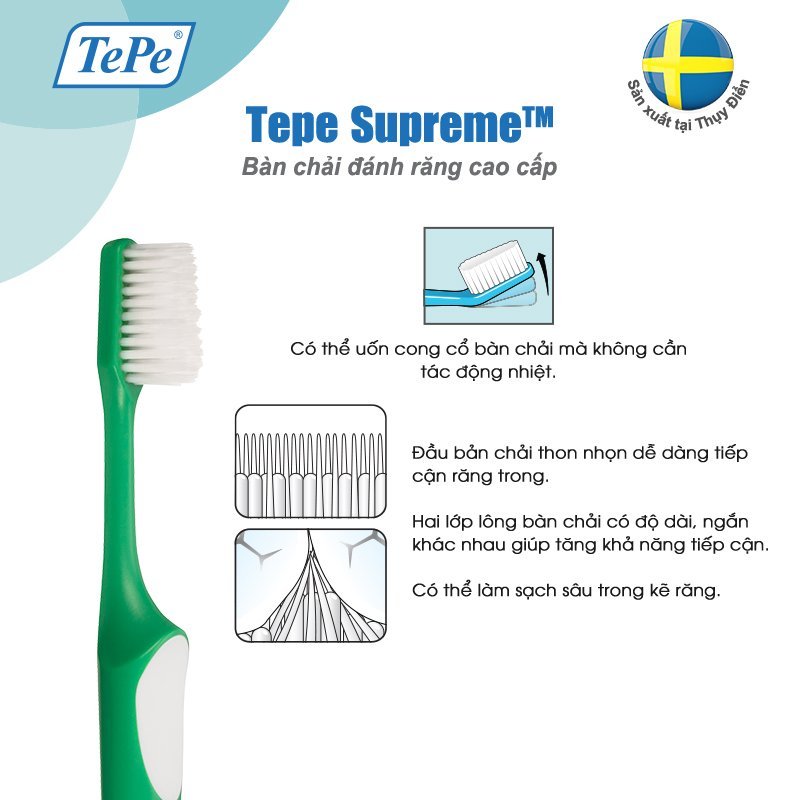 Bàn Chải Đánh Răng lông mềm cao cấp Thụy ĐiểnTepe Supreme làm sạch sâu kẽ răng, không chảy máu nướu
