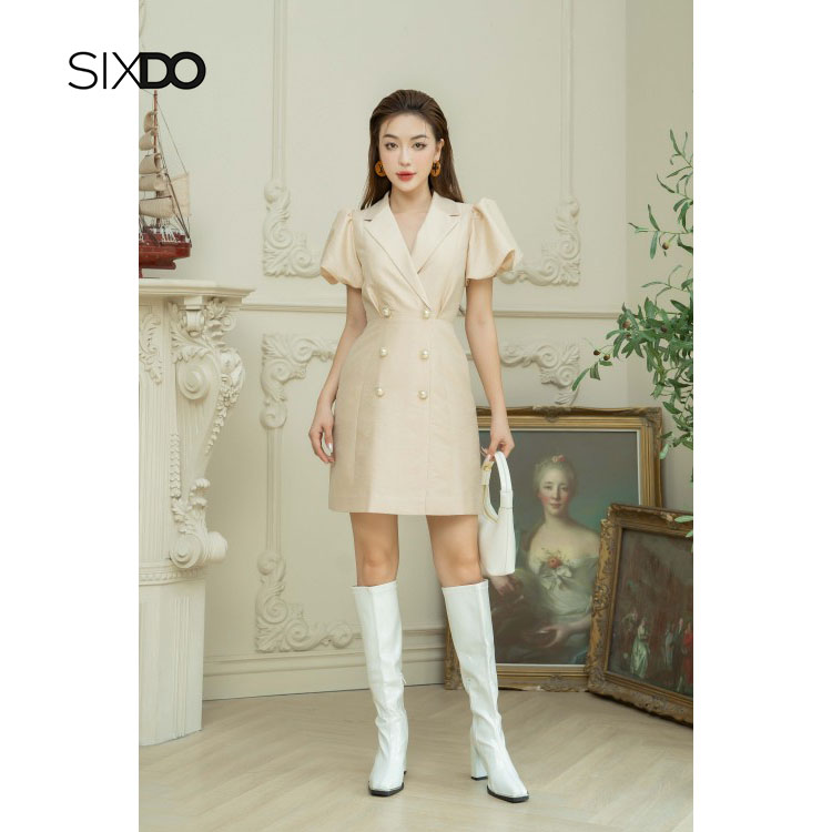 Đầm cổ vest tay bồng thời trang SIXDO