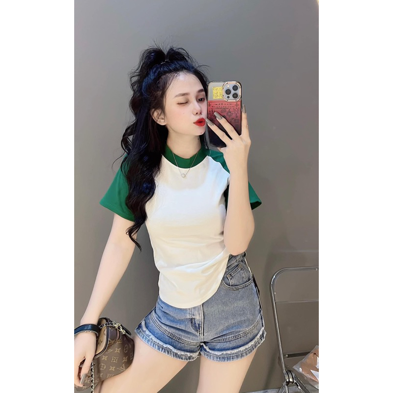 Áo Thun Dáng Ôm Nữ Tay Lỡ Phối Màu ( Mã Raglan Dưới 55Kg )