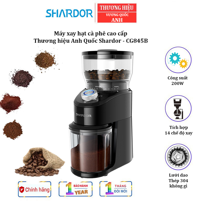 Máy xay hạt cà phê Espresso cao cấp nhãn hiệu Shardor CG845B, công suất: 200W, tích hợp 14 chế độ xay hạt cà phê - Hàng chính hãng, bảo hành 12 tháng
