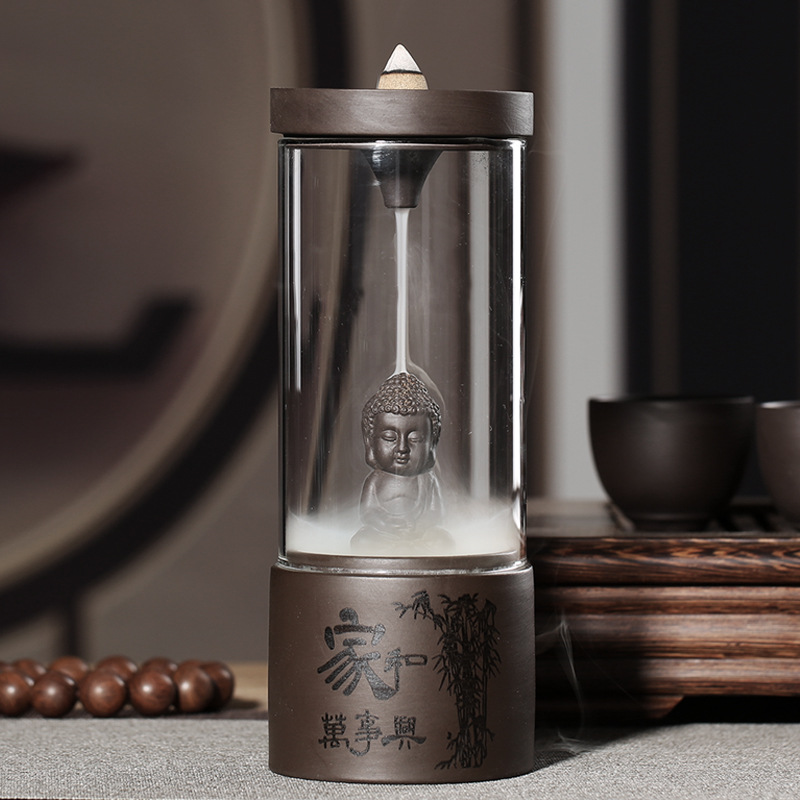 Thác khói trầm hương tháp chuông thắp trầm lồng kính tặng 3 nụ trầm phật như lai tọa thiền - Phong Thủy Nhã Nam