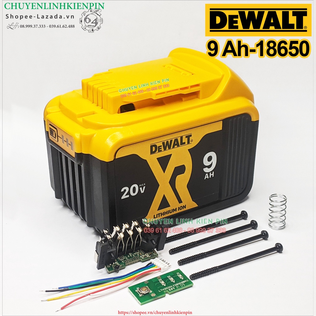 Vỏ, mạch pin dewalt 18v - 9ah có led báo pin và nhận sạc zin , loại để được 15 cell li-ion 18650