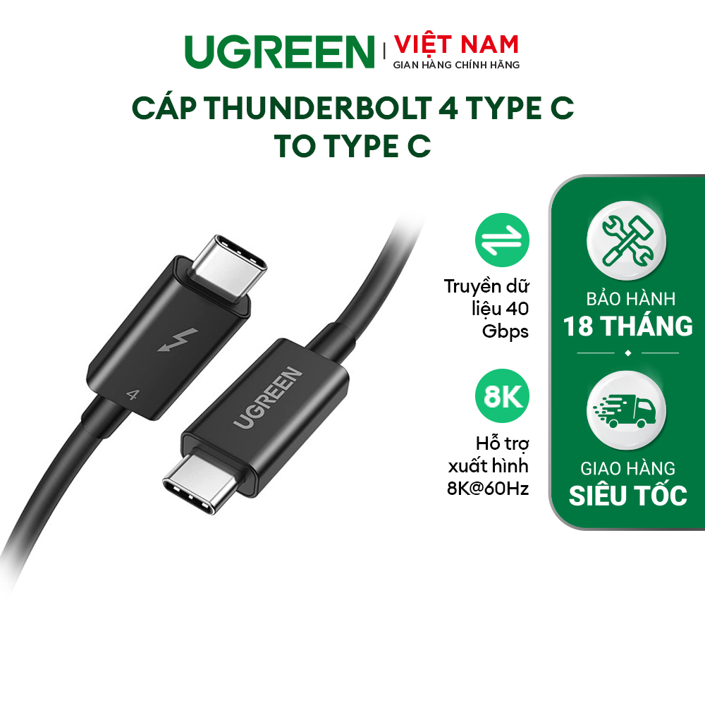 Cáp thunderbolt 4 ugreen 30389 - hỗ trợ độ phân giải 8k@60hz, tốc độ truyền 40gbps - sạc nhanh pd100w - hàng phân phối chính hãng - bảo hành 18 tháng 1 đổi 1