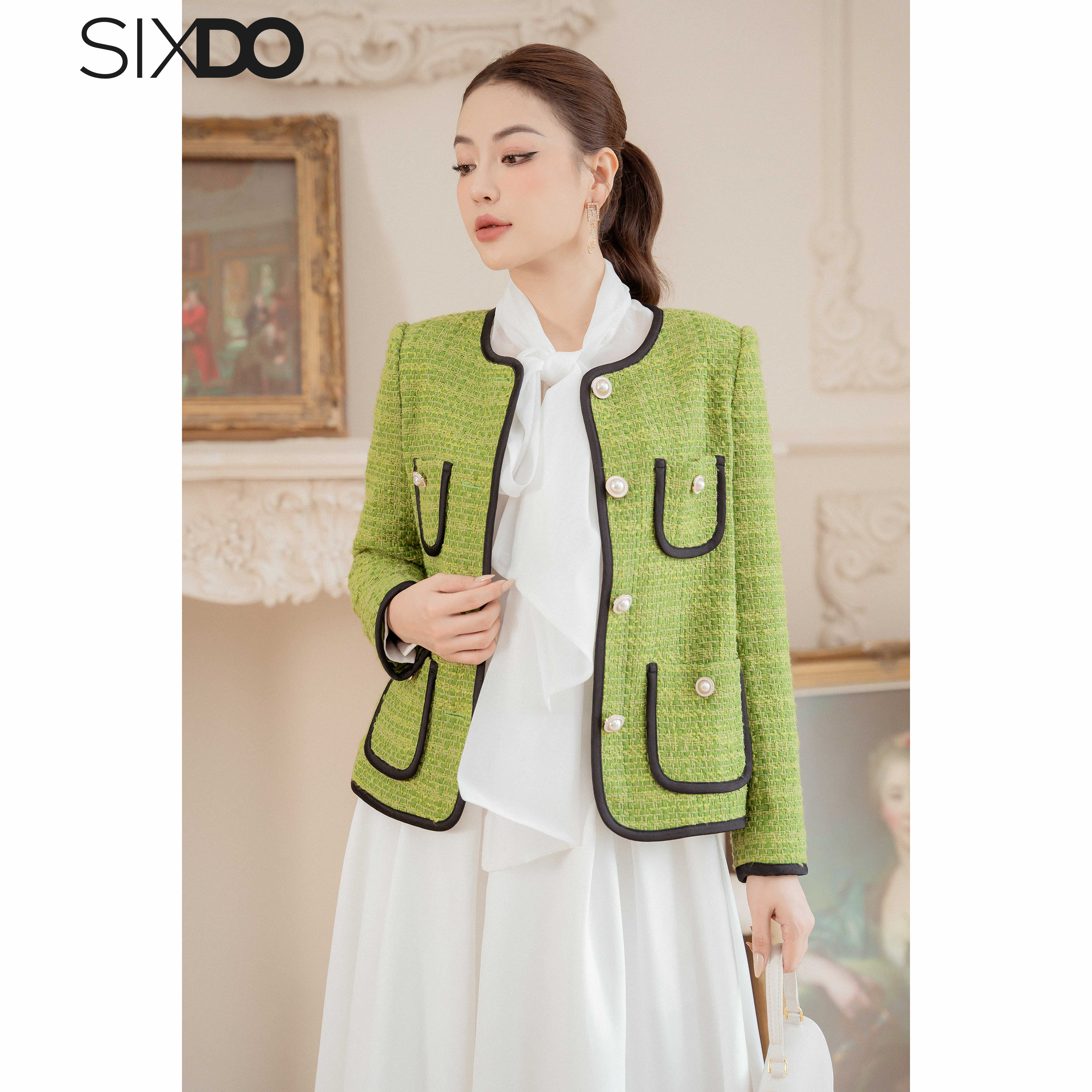 Áo Vest dạ tweed xanh cổ tròn SIXDO (Green Nuggets Tweed Vest)