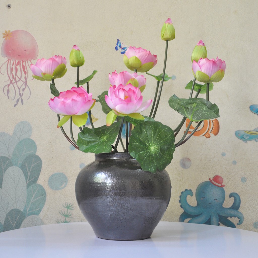 Bình hoa sen lụa cao cấp hoa để bàn siêu đẹp dùng trang trí nhà cửa, nhà hàng, khách sạn DC-146