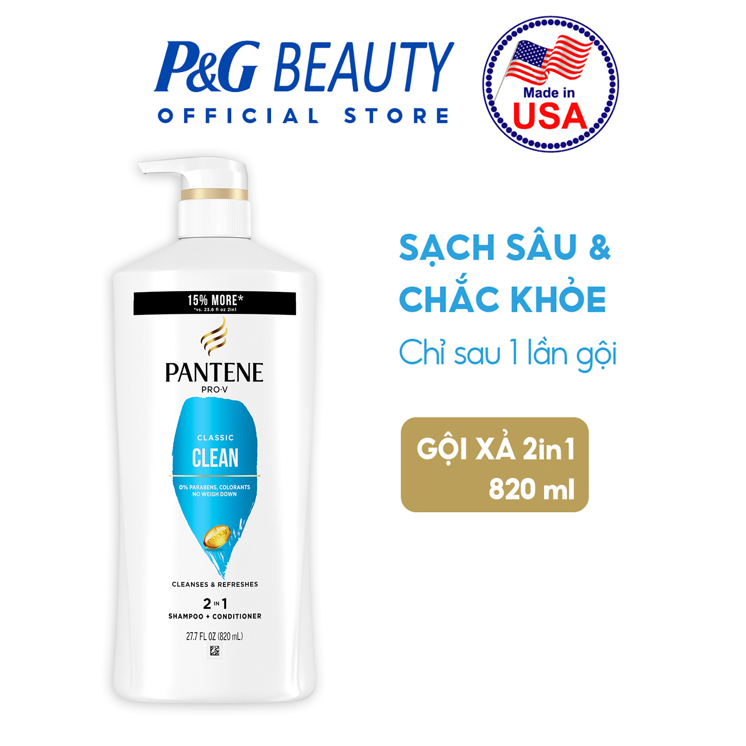 Dầu gội xả pantene 2in1 820ml classic clean - nhập khẩu mỹ
