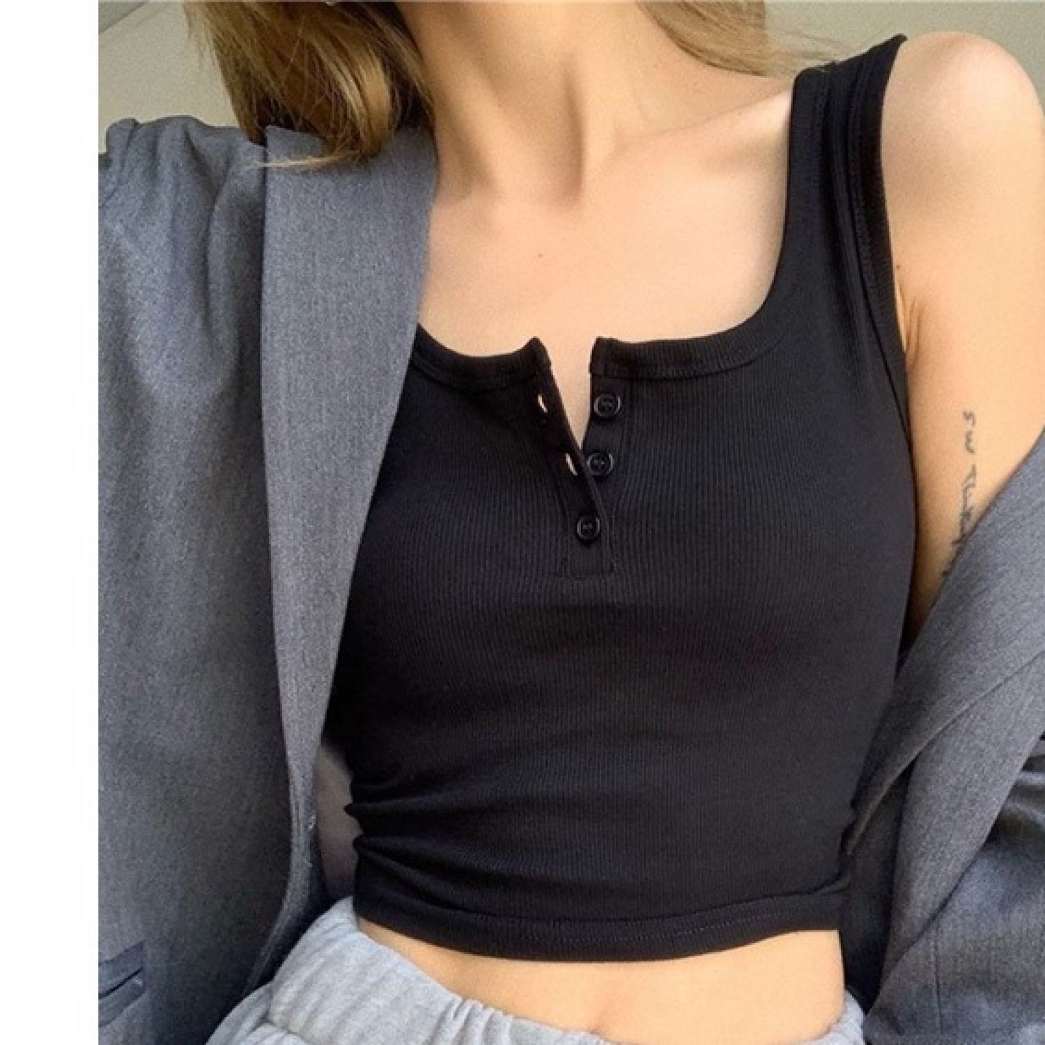 Aó croptop cài nút thun gân cotton co giản 4 chiều