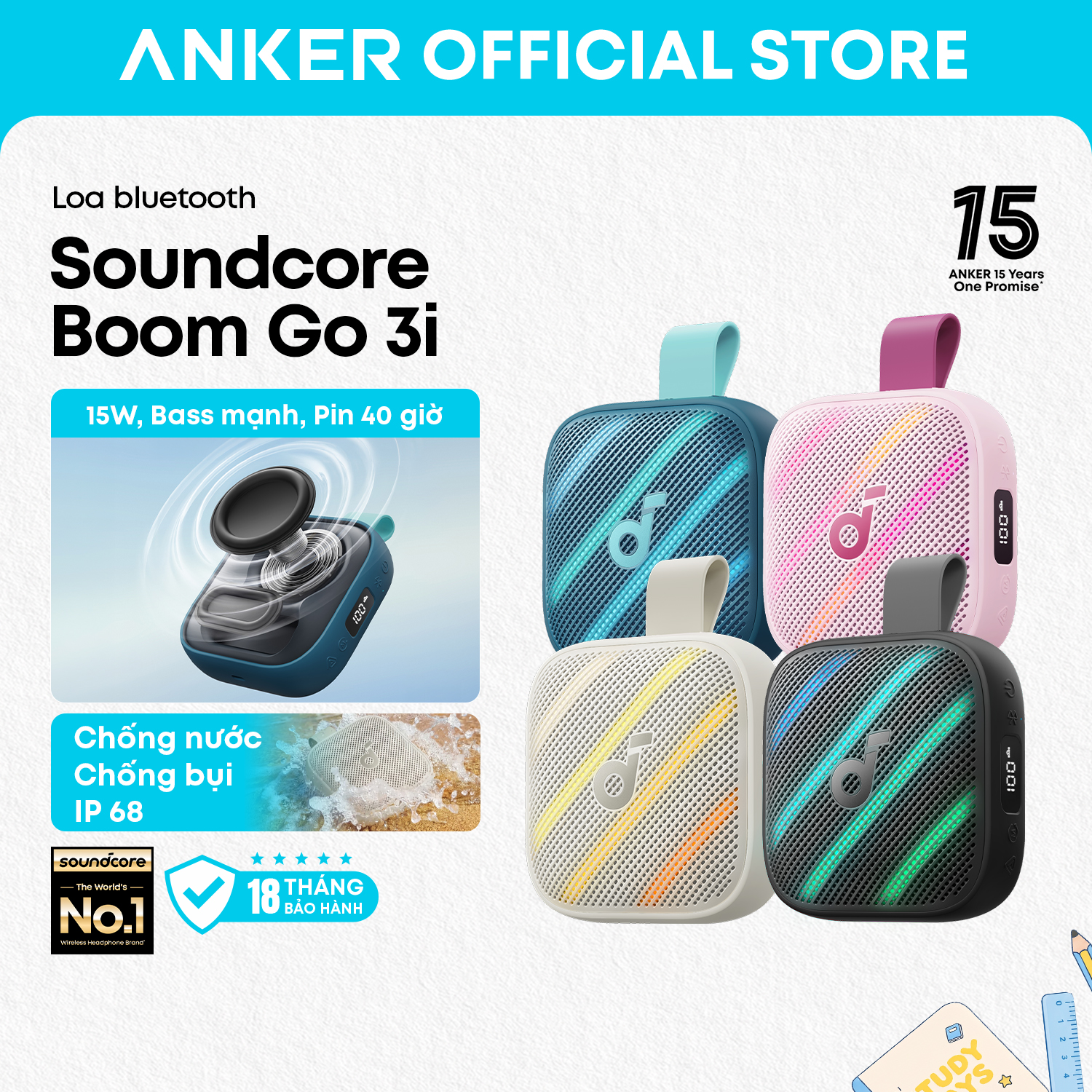 [New] Soundcore by Anker Boom go 3i loa bluetooth 6.0 bass imạnh Di Động RGB IP68 24H 15W AuraCast