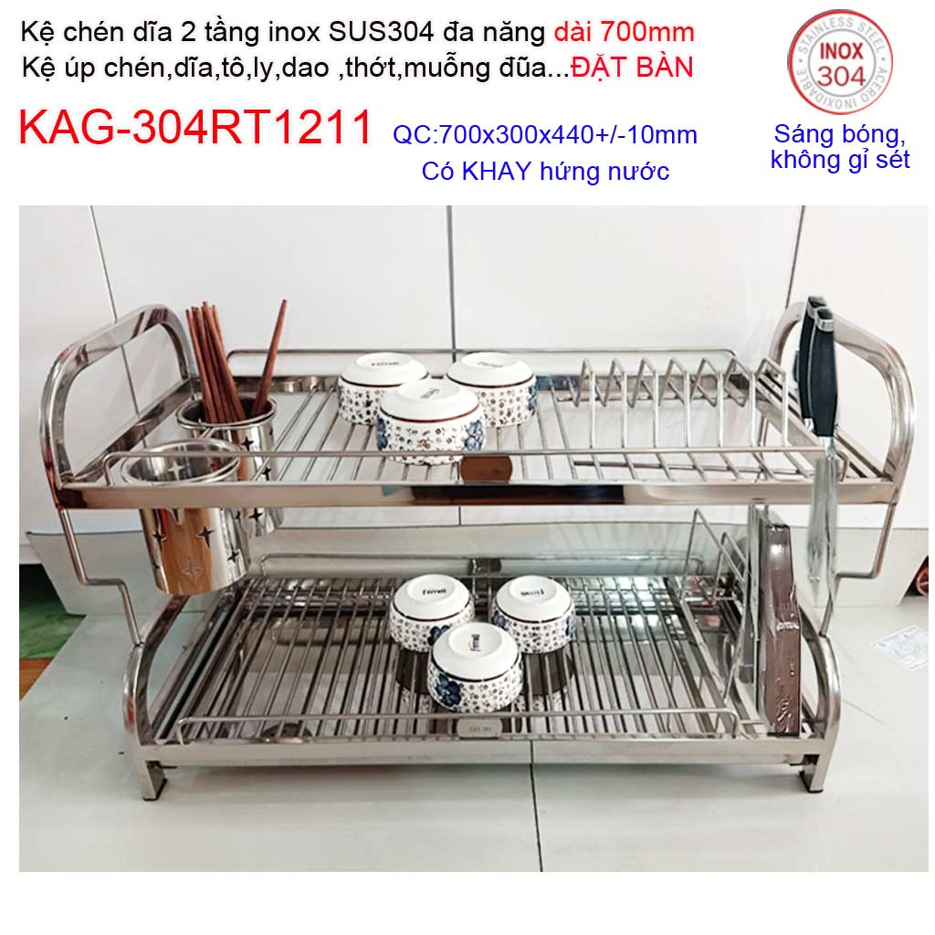 [HCM]Kệ đựng chén bát đặt bàn 70cm Kệ úp chén dĩa có khay hứng Kệ úp chén dĩa đa năng SUS304 Inox Kace KAG-304RT1211 dài 70cm