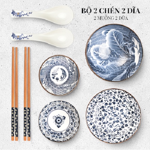 Bộ chén đĩa sứ cao cấp phong cách Nhật Bản (2 chén 2 đĩa 2 đũa)
