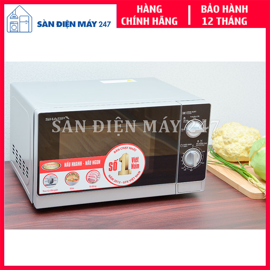 Lò vi sóng không nướng Sharp R-205VN(S) 20 lít, Thương hiệu Nhật Bản, Công suất 800 W, Chức năng rã đông, hâm, nấu, chất liệu thép tráng men