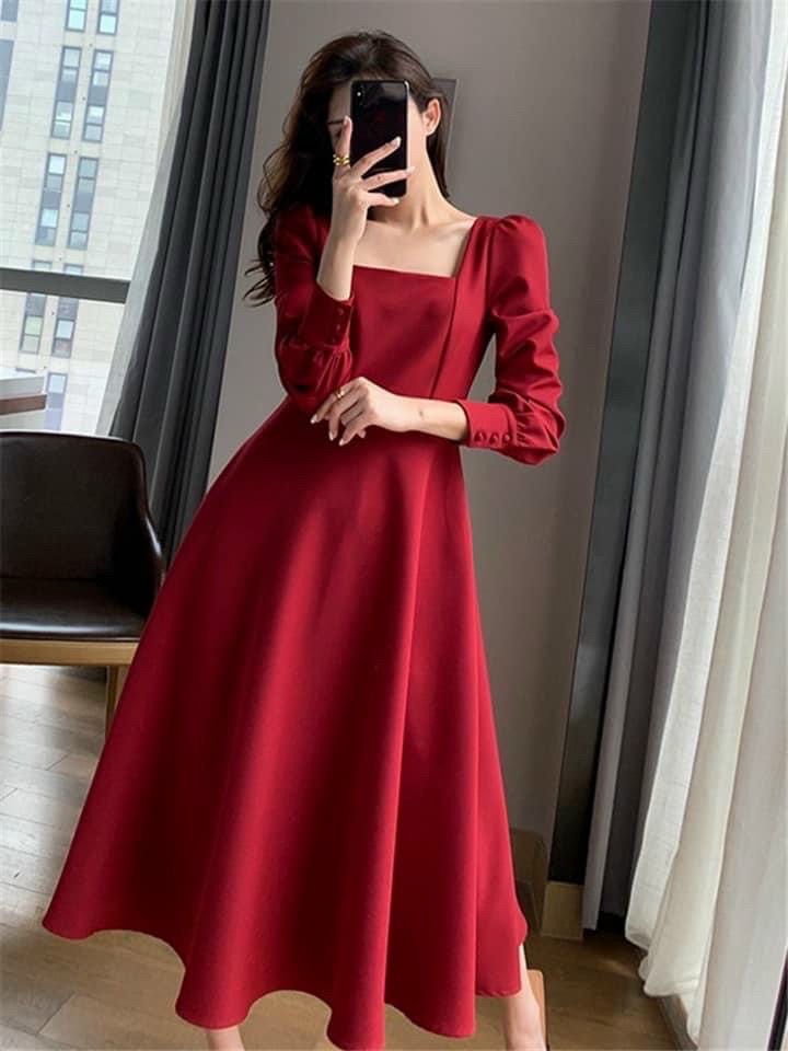 Đầm cổ vuông tay dài 3 màu