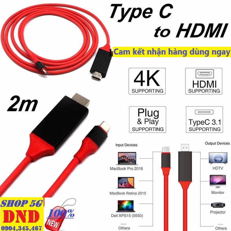Cáp chuyển tín hiệu 2 mét USB Type-C ra HDMI dài 2m cho Android