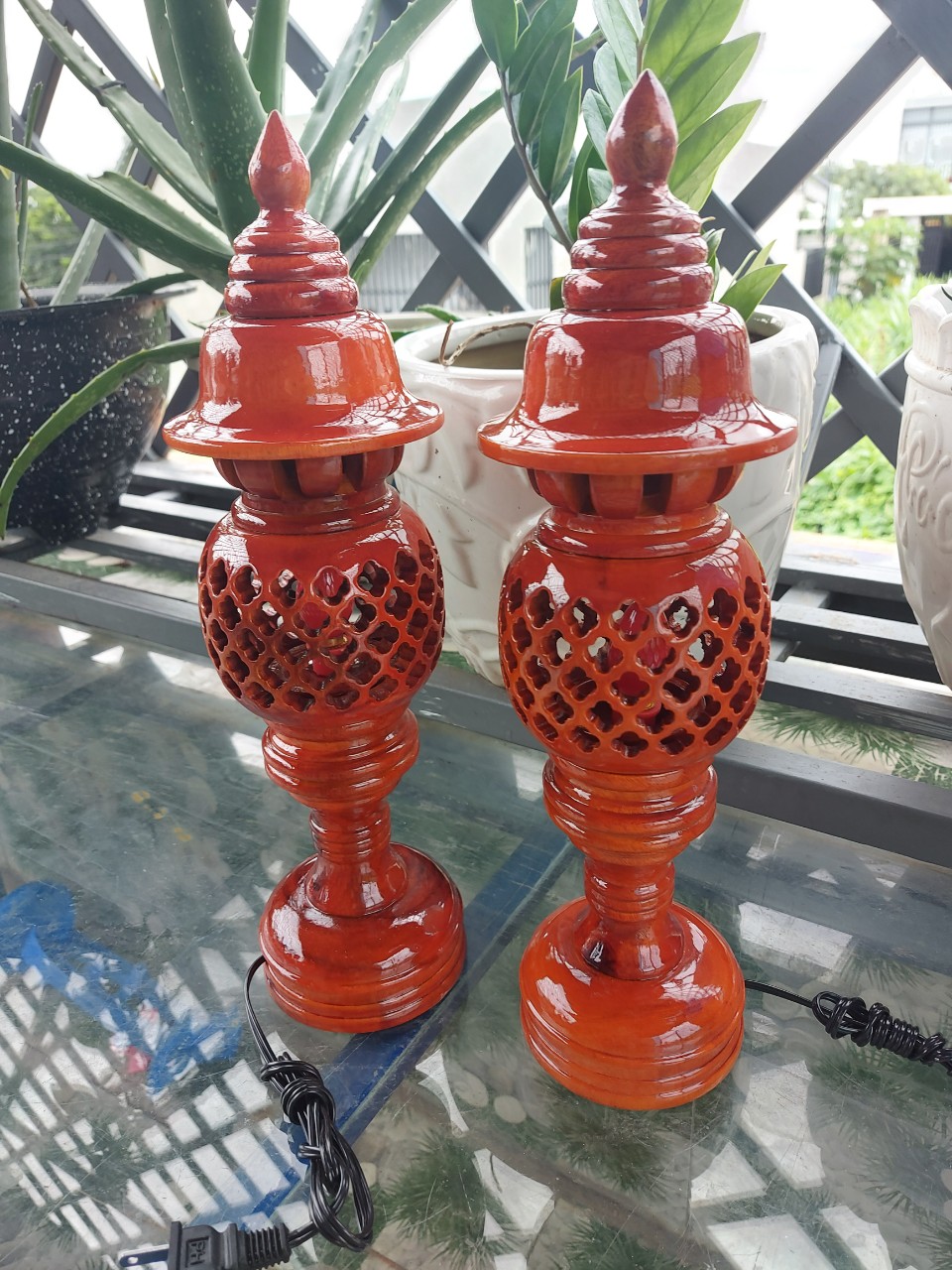 Cặp đèn thờ gỗ xà cừ-Đèn cúng bàn thờ cao 23cm