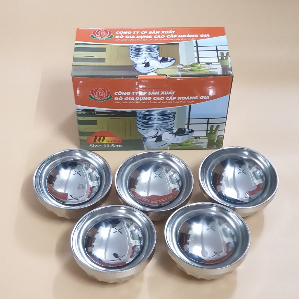 Bộ 10 chén tô bát cơm inox 2 lớp cách nhiệt chống nóng hoàng gia mẫu xoắn cỡ 11,5cm