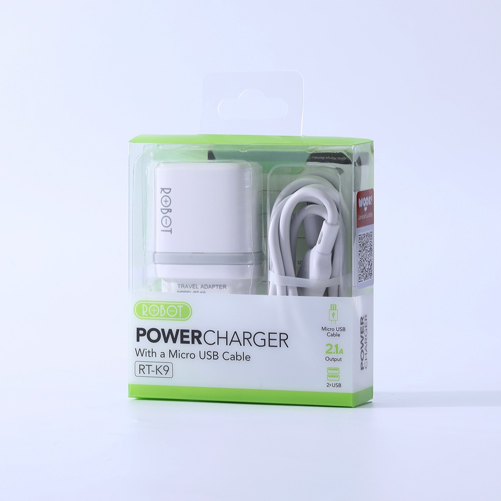 [99 điểm] Cốc Sạc ROBOT RT-K9 - 2 Cổng Sạc Ra Sạc USB - Kèm Cáp Micro 1m