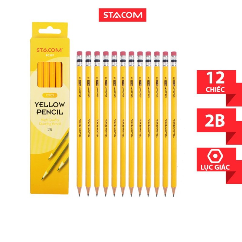Mua Hộp 12 Cây Bút Chì Gỗ Thân Vàng Stacom Có Tẩy 2B PC107