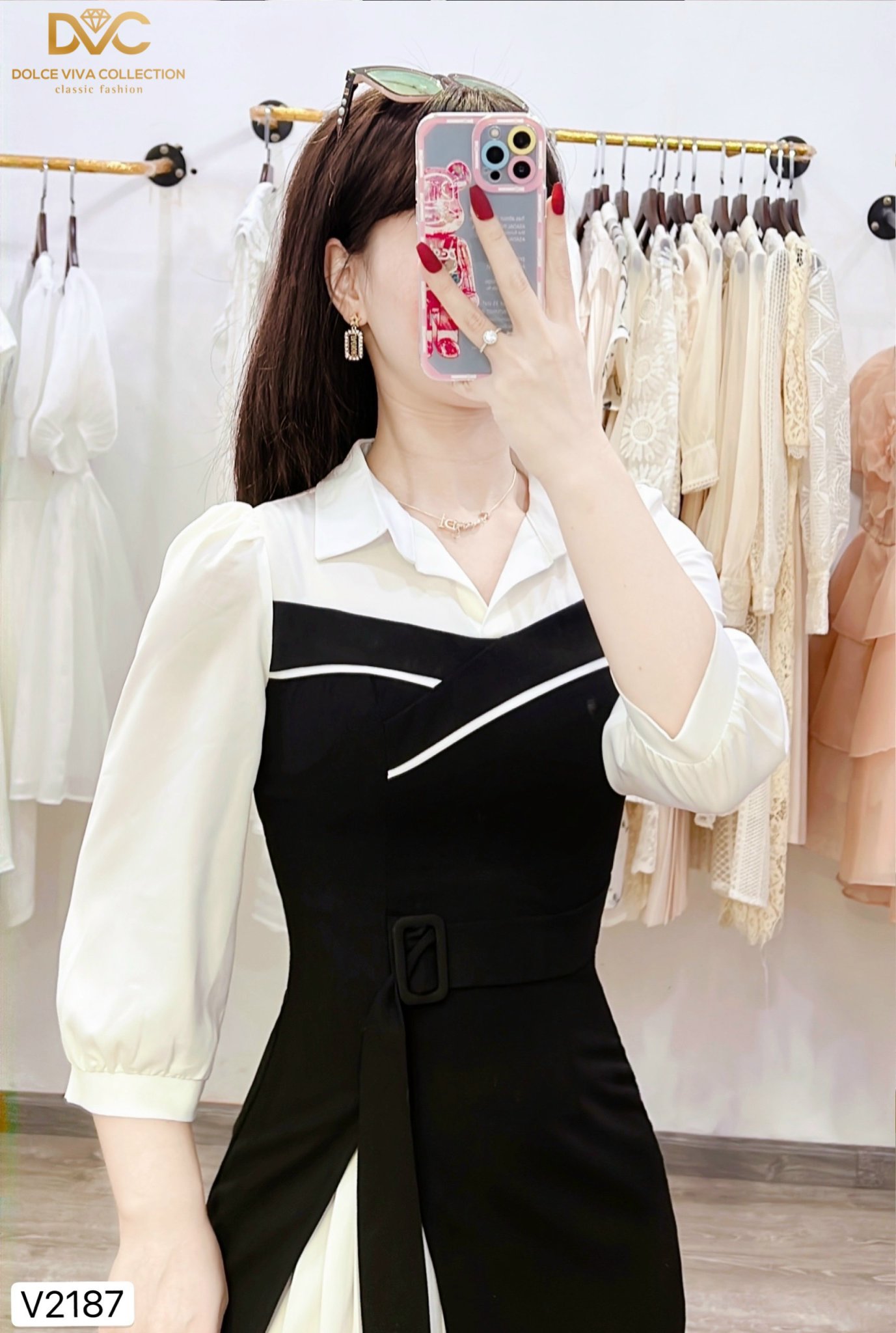 Váy đen phối trắng cổ sơ mi V2187 - DOLCE VIVA COLLECTION