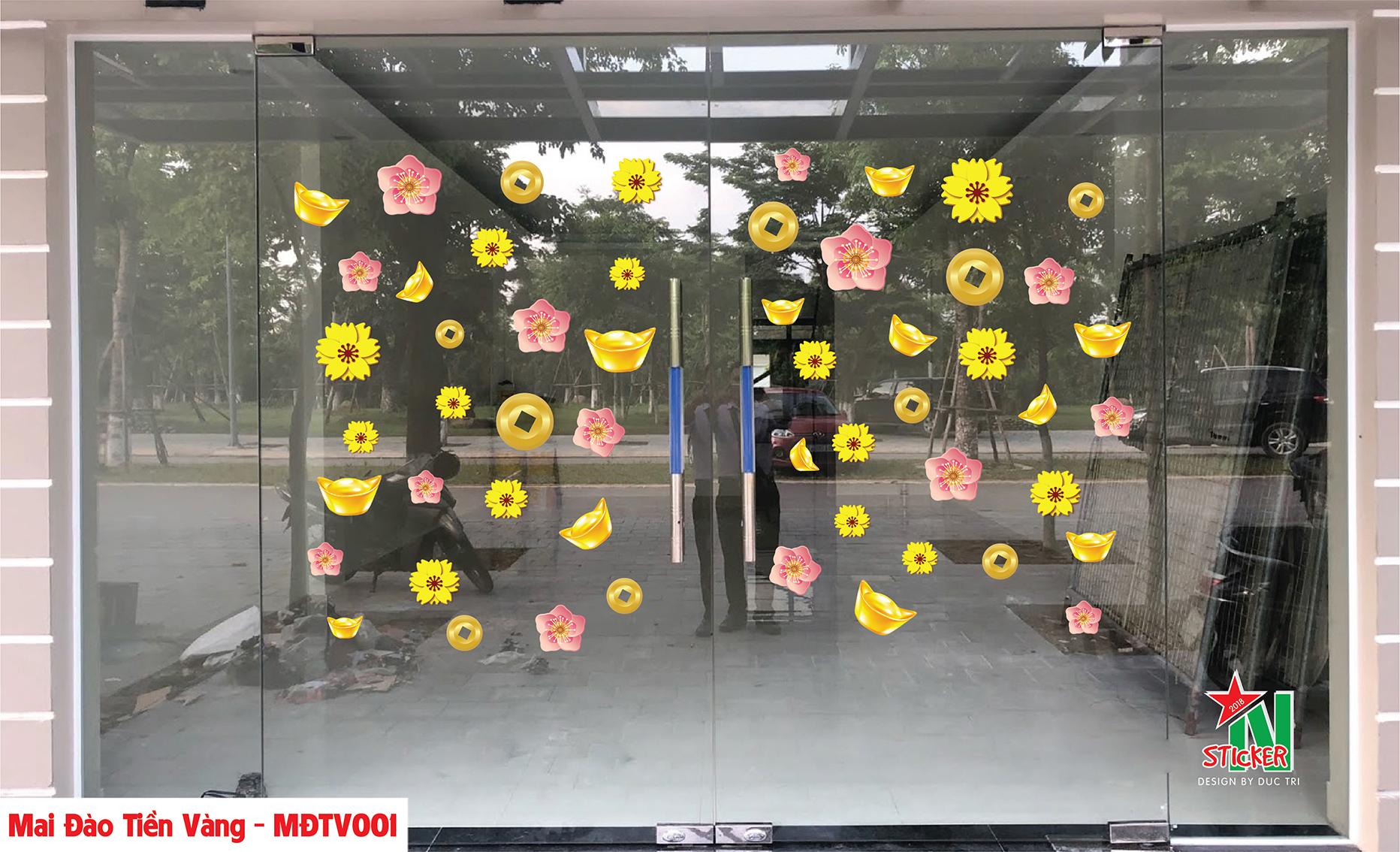 Mai Đào Tiền Vàng, Tết 2022, decal trang trí tết, tết thuần việt, hoa mai, hoa đào, tiền, vàng dùng để trang trí cửa hàng, công ty, nhà cửa trong những ngày tết