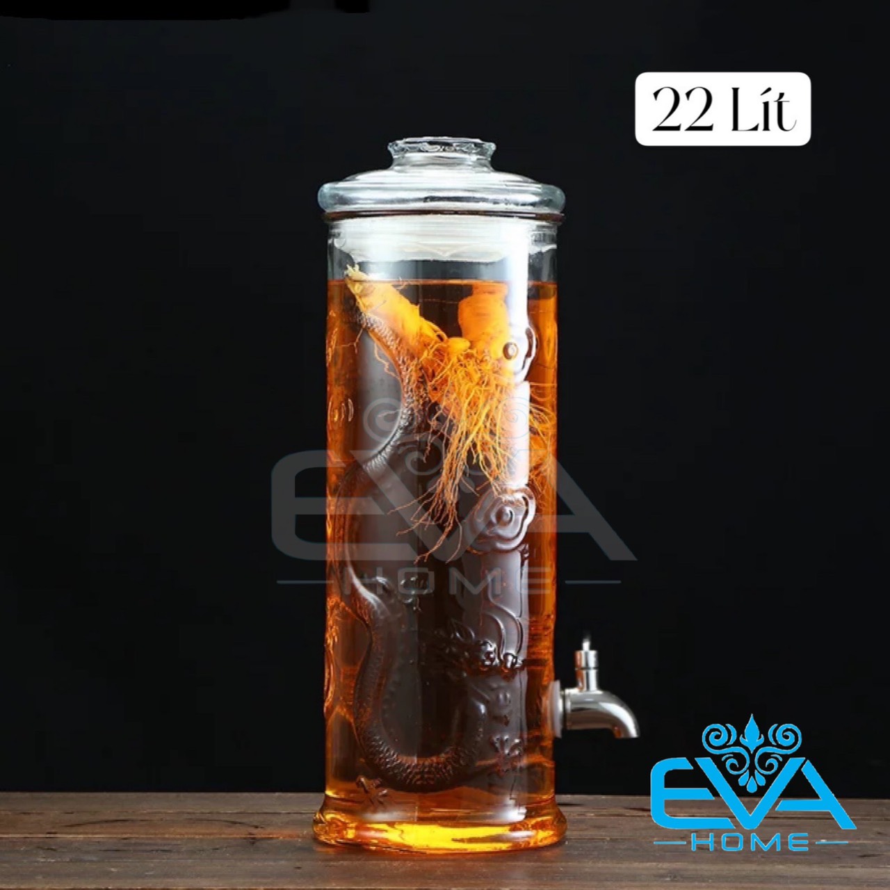 Bình ngâm thuỷ tinh 22 lít có van dáng trụ hoa văn rồng - tr22lv m1746