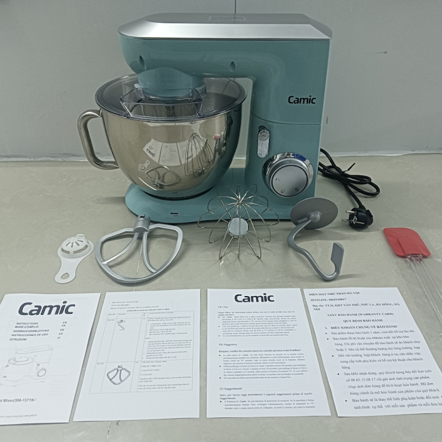 (Bản UK, Đức) Máy nhào bột CAMIC 9L 1800W - Thân kim loại đúc cao cấp - Máy nhào bột đánh trứng trộn salad tiêu chuẩn Châu Âu - Cooklee Household Stand Mixers- BH 1 năm