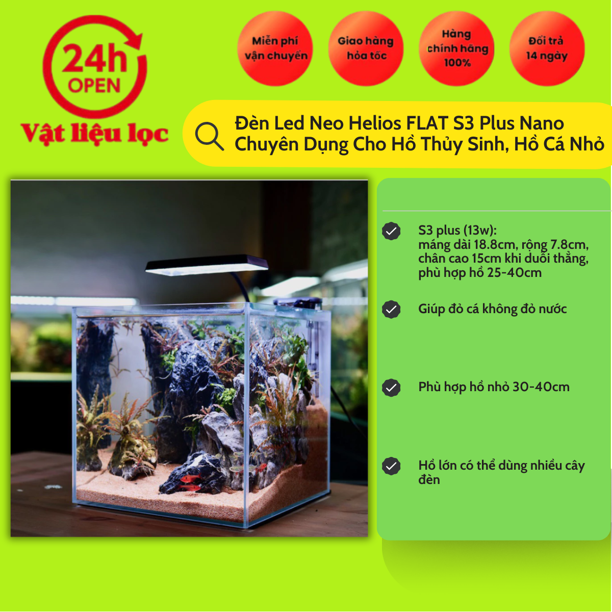 Đèn Flat Nano S3 Plus 13w Đỏ Cá Không Đỏ Nước dành cho bể cá