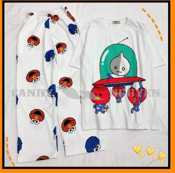 Sét Bộ Dài Cotton Cartoon Thỏ Ngoài Hành Tinh + Quần Thú Seasame Ống Rộng Cute Hot Trend Hàn Quốc , Đồ Bộ Đẹp Nam Nữ Mặc Nhà , Đồ Bộ Hoạt Hình Cartoon Dễ Thương TTSLB0166