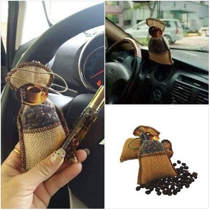 Bộ Túi Thơm Cafe Khử Mùi Trên Xe Hơi, Ô Tô/ Kèm Chai Xịt Tinh Dầu Hương Cafe
