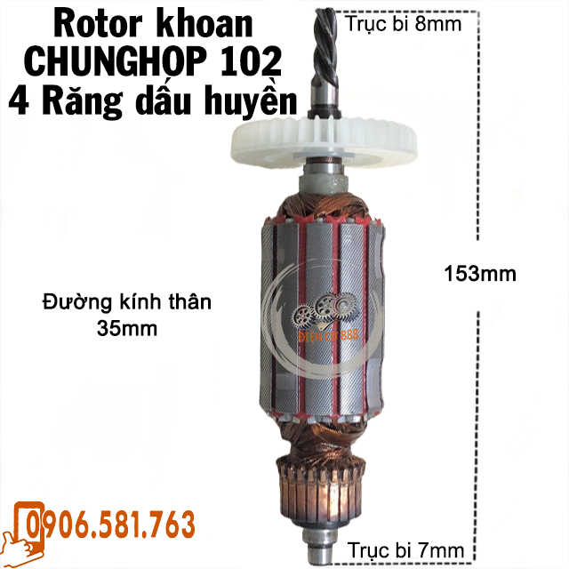Rotor khoan CHUNGHOP 102, FEG EG-515 4 Răng Thân 35mm Dài 153mm 220V - Tặng chổi than
