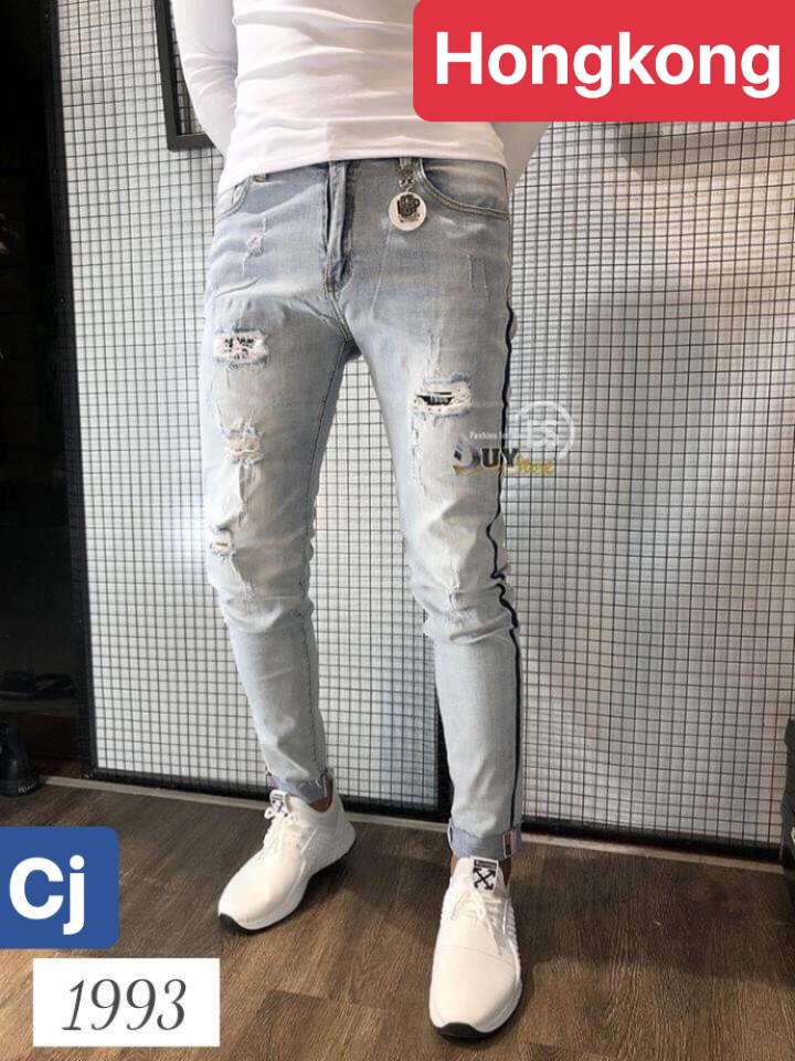 QUẦN JEAN NAM CHẤT BÒ XANH TRẮNG SỌC WASH XƯỚC QUẢNG CHÂU, CO GIÃN NHẸ CAO CẤP DB-1993 - HONG KONG FASHION
