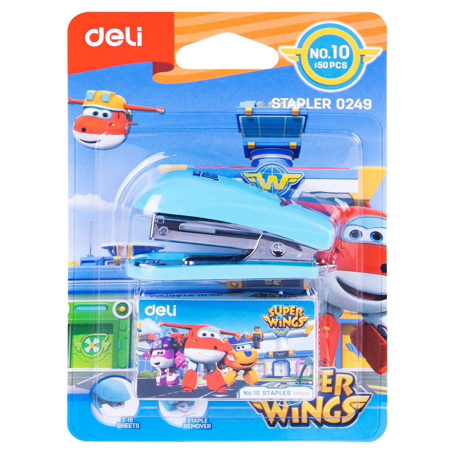 Dập ghim mini #10 deli superwings bao gồm hộp ghim xanh - hồng - vàng e0249