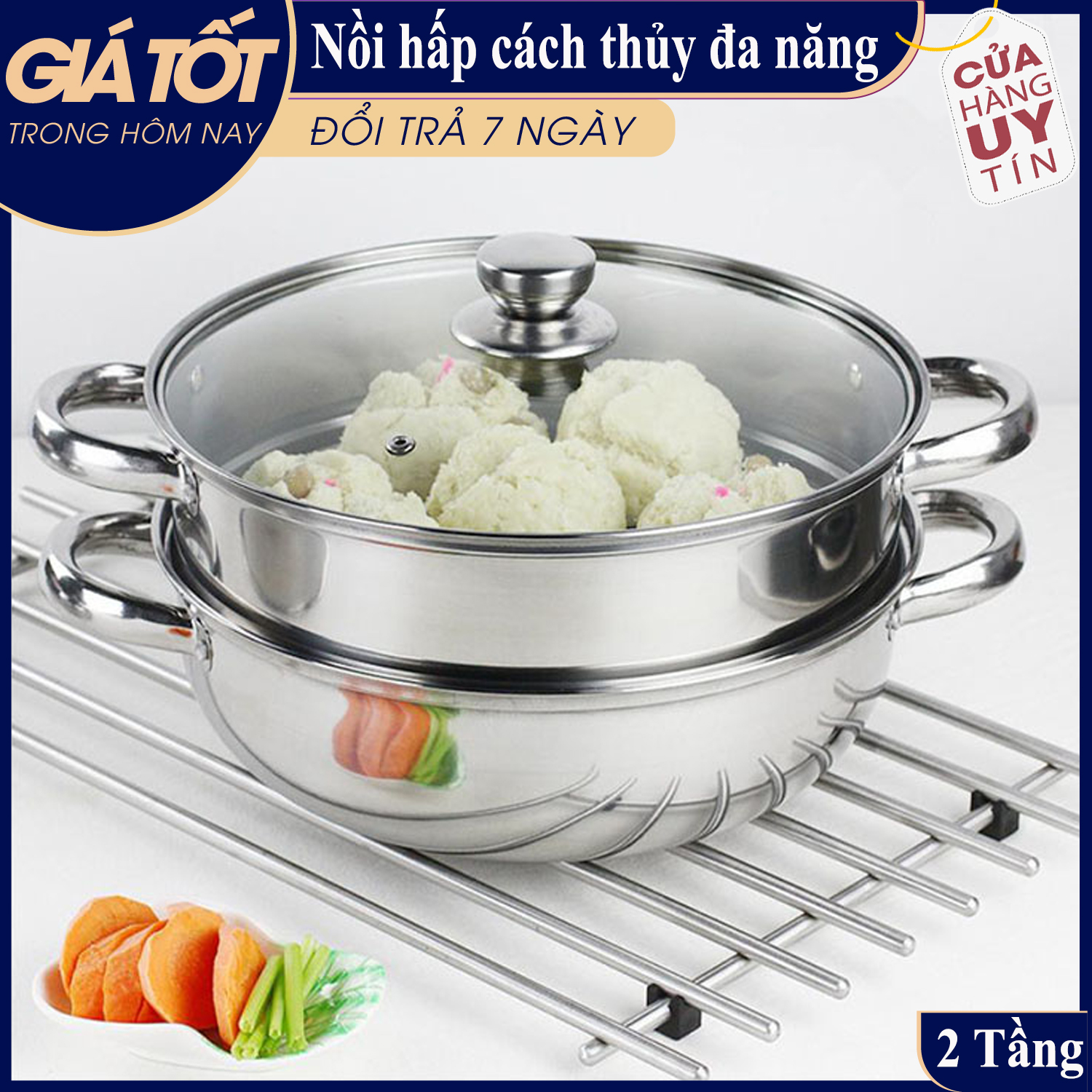 Nồi hấp cách thủy đa năng/Nồi lẩu kiêm nồi hấp 2 tầng inox/Nồi hấp 2 tầng inox đa năn/ Nồi Inox 2 tầng size 28cm/ Nồi lẩu đa năng 28cm