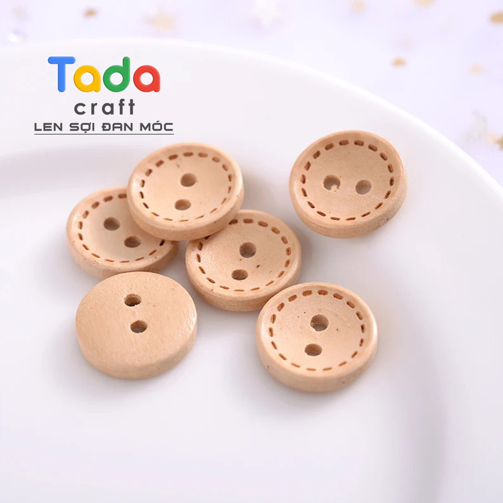 (10 cái) Nút gỗ tròn viền nét đứt màu nâu kem