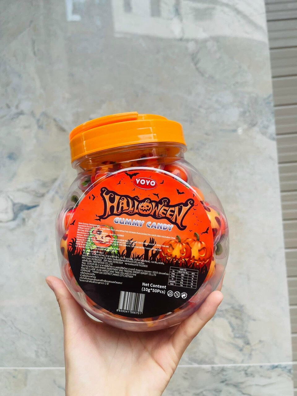 Hũ 50 viên kẹo dẻo có nhân siro Gummy Candy hình Bí Ngô Halloween Thái Lan