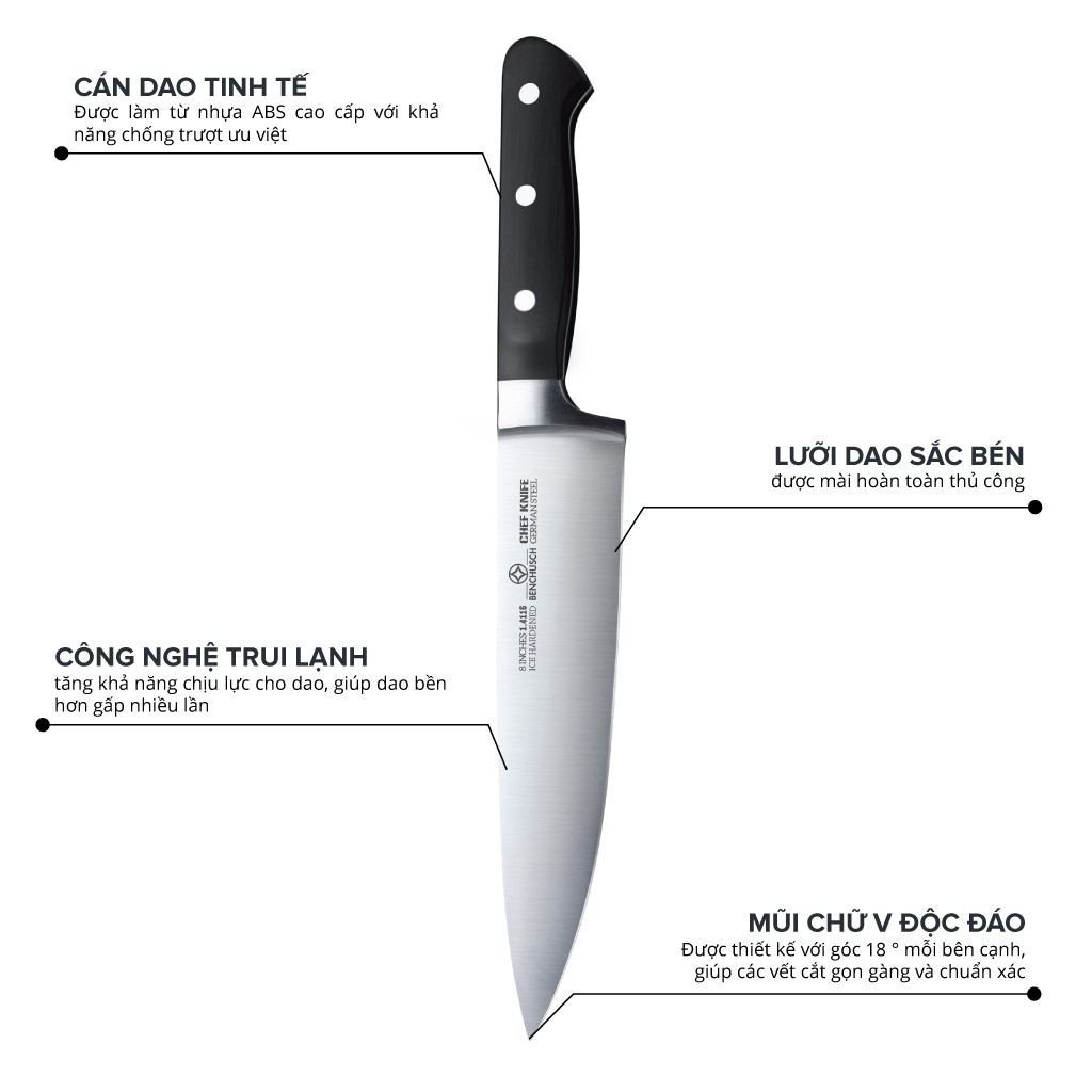 Benchusch Professional 8-Inch Chef Knife - Classic Series - German HC Steel with Full Tang Blade - Multi-Use for Slicing, Dicing, Chopping and Mincing Meat, Fish, Fruits, Vegetables