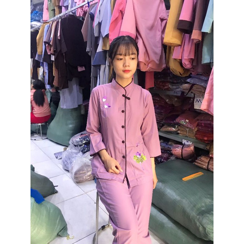 Đồ lam đi chùa  nữ  viền nơ