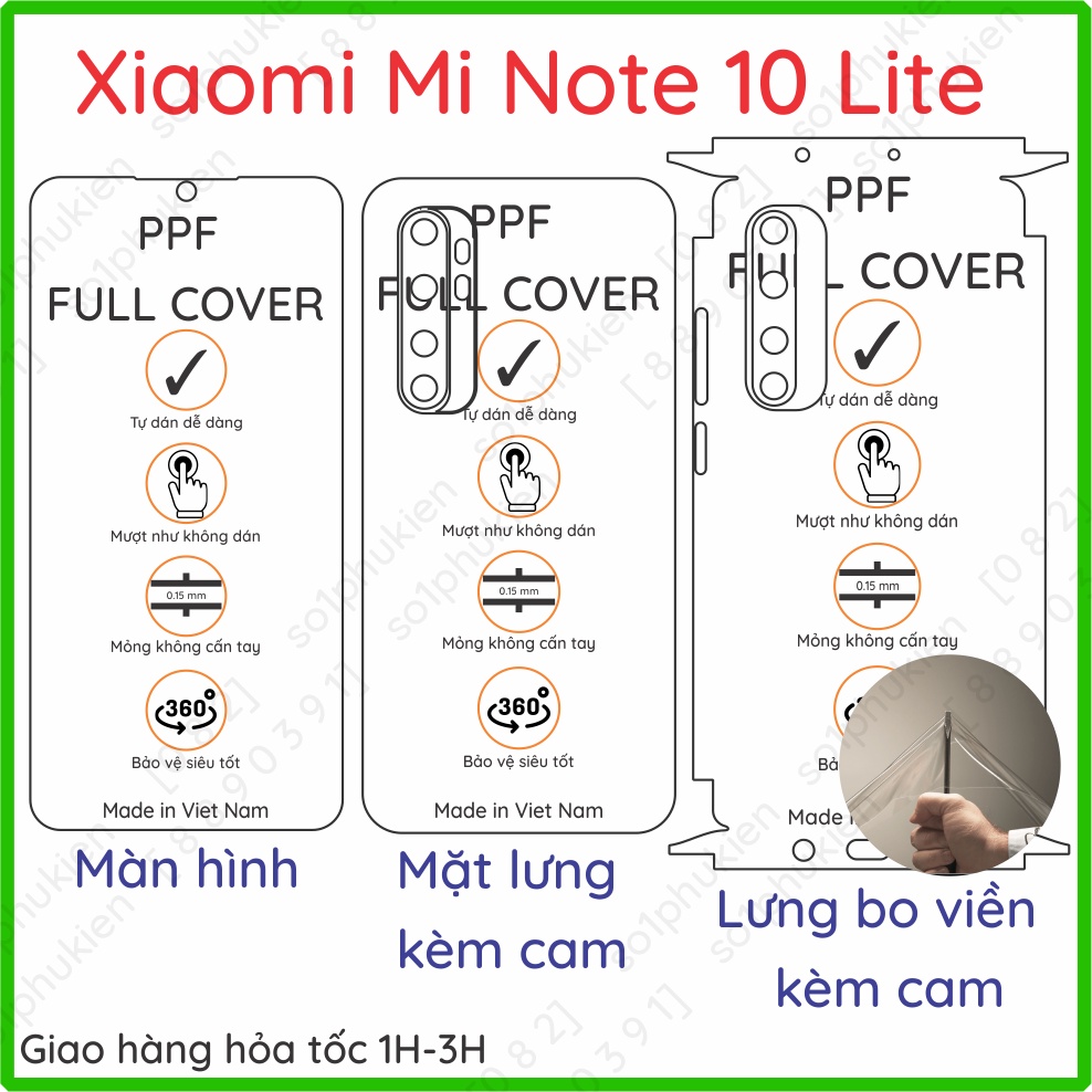 Dán PPF bóng, nhám cho Xiaomi Mi Note 10 Lite màn hình, mặt lưng, full lưng viền siêu bảo vệ