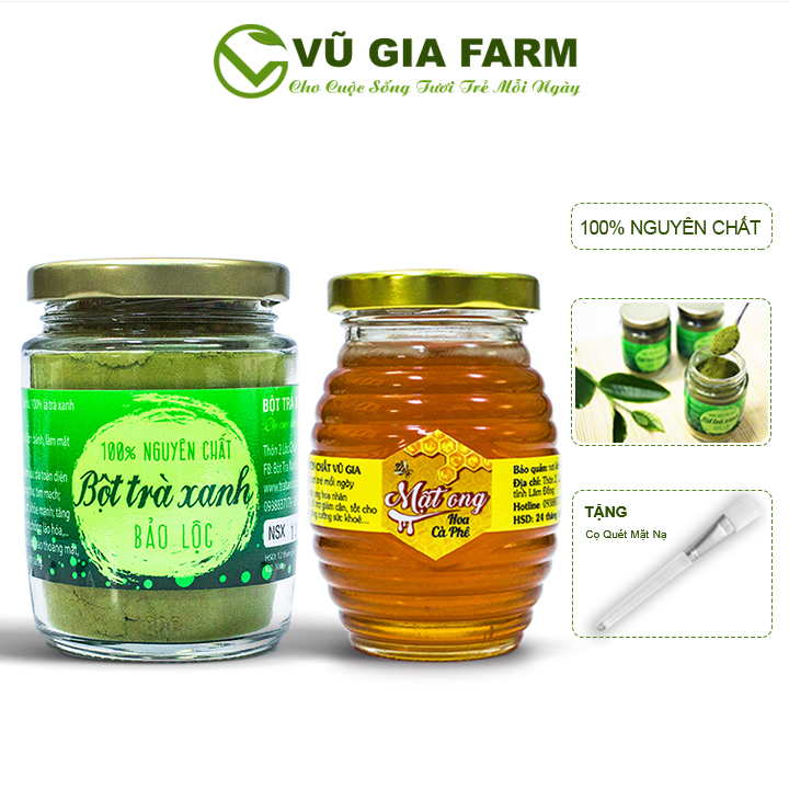 Combo Bột Trà Xanh + Mật Ong Hoa Cà Phê - Nguyên Chất Vũ Gia (100g/ml) + Tặng Cọ Quét Mặt Nạ - Hỗ trợ đắp mặt nạ dưỡng da, cải thiện sắc tô da, tăng sức đàn hồi, trắng mịn da